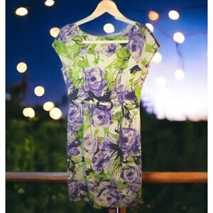 Jonathan Martin Women’s Floral Sheath Dress Size 8 Cream Purple Green Belted